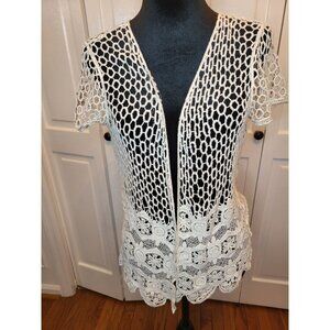 White Crochet Short Sleeve Open Cardigan  Scalloped Hem S Fairy Cottage Boho